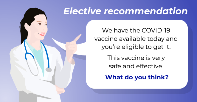 Graphic of doctor saying "We have the COVID-19 vaccine available today and you're eligible to get it. This vaccine is very safe and effective. What do you think?"