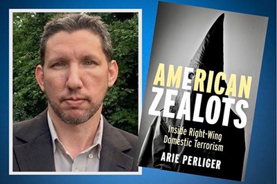 Perliger and the cover of his 2020 book on violent far-right extremism, "American Zealots."