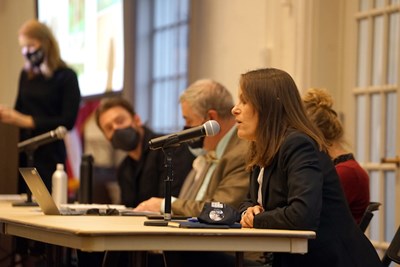 Assoc. Prof. of Education Jill Lohmeier shares with students what she learned at COP26 as part of a panel discussion hosted by the Climate Change Initiative at Alumni Hall.