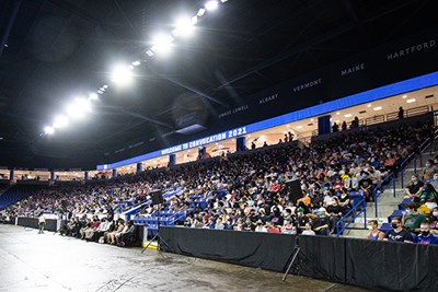 First-year students, sophomores and transfer students filled sections 104 to 111 at the Tsongas Center for Convocation.