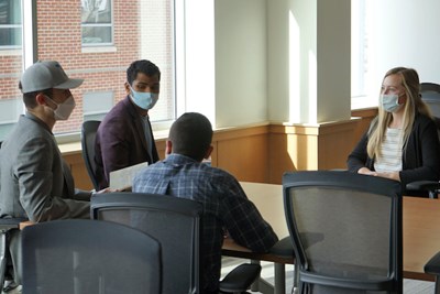 Benji Ball co-founders Benjamin McEvoy, left, and Edward Morante talk to Westford Academy students about their DifferenceMaker experience following the Idea Challenge in Haverhill.