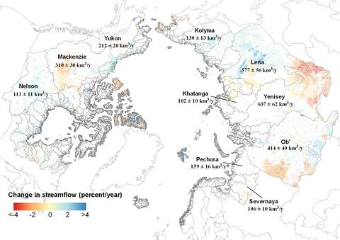 Temporal trends in river discharge during 1984-2018 show significant regional differences in river discharge patterns. Areas in blue indicate increases in discharge of up to 4%, while those in red show decreases of up to 4%. The chart illustrates that significant portions of Eurasia show decreases in streamflow over the past 35 years. Only rivers with statistically significant trends are mapped. Image courtesy Dongmei Feng, et al.