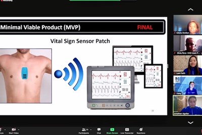 Hacking for Defense team members present the vital sign sensor patch they developed to make patient care more efficient for nurses and EMTs.