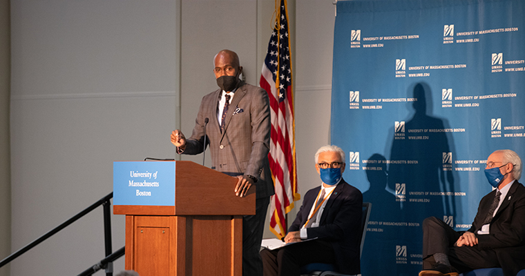 Dr. Tyrone C. Howard delivers speech during 2021 Fall Convocation