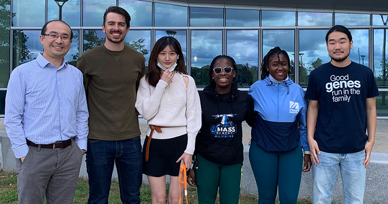 From left to right: Dr. Kai Zou, doctoral student Benjamin Kugler, Undergraduate Students Nana Lin, Baby Lenga Kalemba, Amira Sesay, and Atsutaro A Fujishiro