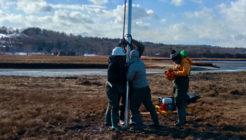 The team coring a salt marsh to reconstruct its sedimentary history. Credit: UMass Amherst