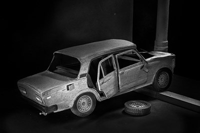 Photograph by Pavel Romaniko of vintage Russian car after accident