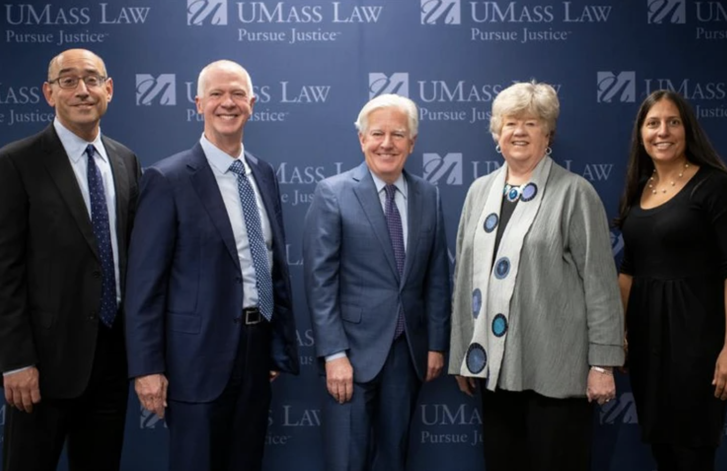 UMass Law Dean Eric Mitnick, UMass Dartmouth Chancellor Mark Fuller, UMass President Marty Meehan, UMass Dartmouth Chancellor Emerita Jean MacCormack, and Dena Xifaras, representing the Xifaras family