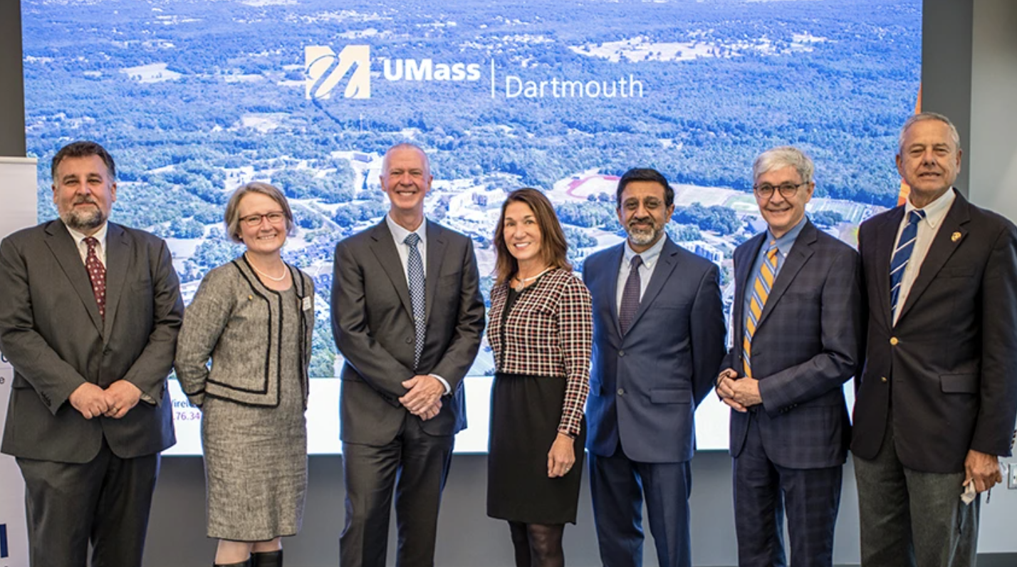 Acting Provost Michael Goodman, Dean of the College of Engineering and Interim Dean of SMAST Jean VanderGheynst, Chancellor Mark Fuller, Lieutenant Governor Karyn Polito, Vice Provost for Research & Academic Affairs Ramprasad Balasubramanian, Director of the Innovation Institute at MassTech Pat Larkin, and Representative Paul A. Schmid III