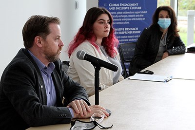 The forum’s panel of speakers included, from left, Conor Carlin of the Society of Plastics Engineers, April Herz of the City of Lowell and Cheryl Sayer of Milacron.