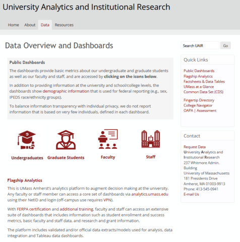 Screenshot of University Analytics and Institutional Research Data Over and Dashboards website