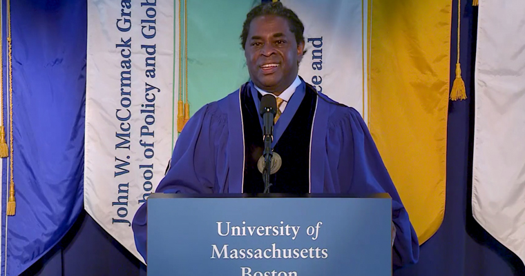 Adrian Walker delivers speech during commencement