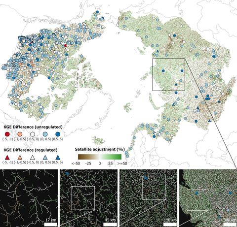 Discharge differences attributed to satellite data are shown. Blue denotes areas where the satellites were more accurate than the model; red denotes less accuracy. White denotes no change. The four pullout boxes at the bottom show spatial details of the difference. Areas in green illustrate where satellite adjustment has added water; areas in brown denote the removal of water. Image courtesy Dongmei Feng, et al.