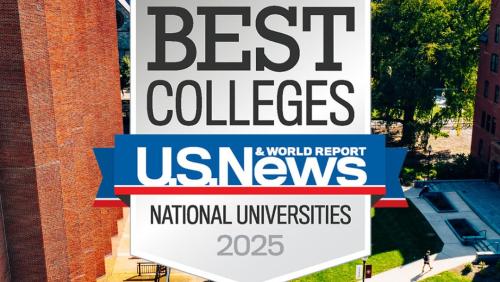 UMass Amherst campus with the 2025 US News and World Report badge for Best National Public Universities in the Nation.