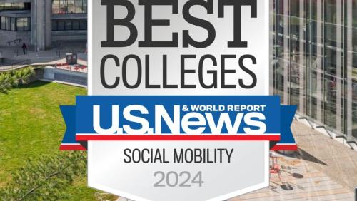 UMass Dartmouth campus library with the US News and World Report badge for the social mobility of its students.