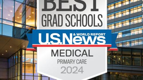 UMass Chan Medical School campus featuring the US News and World Report badge for Best University in the Northeast for primary care education.