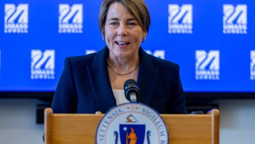 MA Gov Maura Healey standing at a podium.