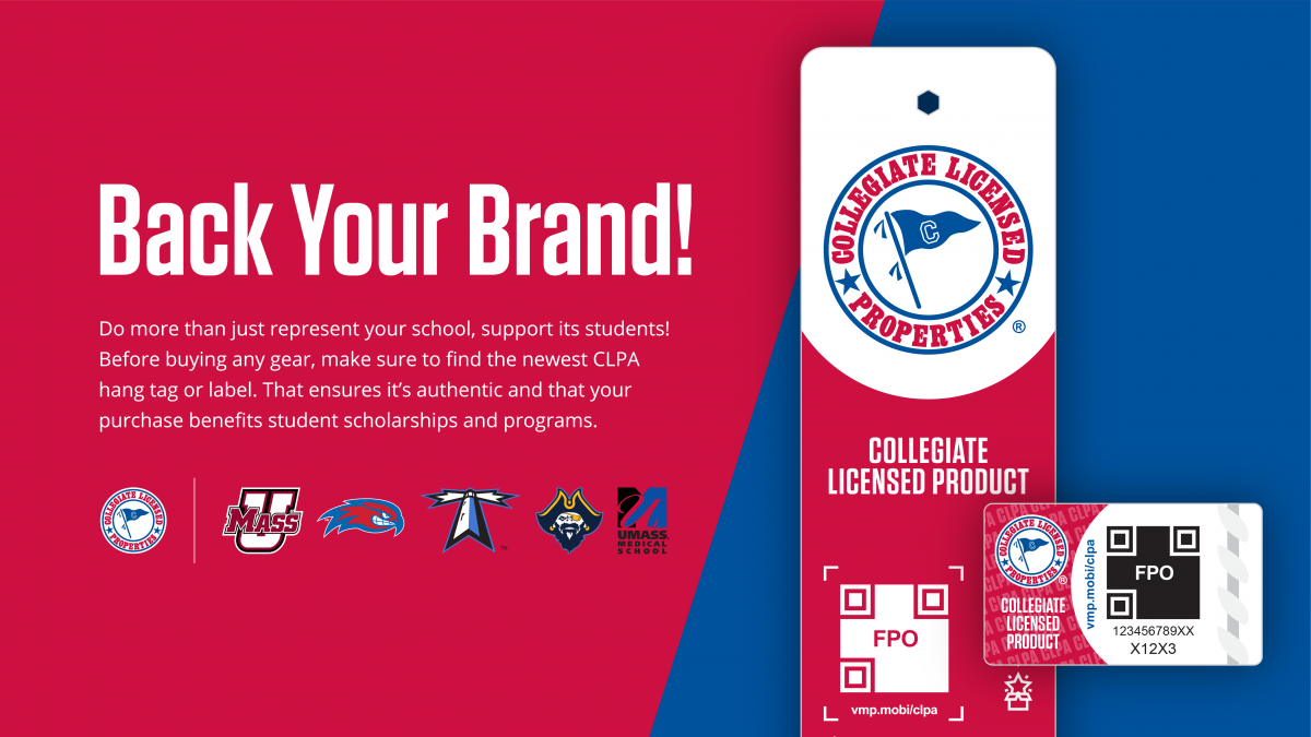 the collegiate licensed properties label has a red and white background and bears a seal to indicate authenticity