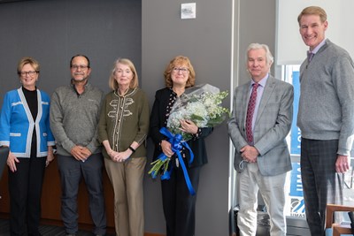 Chancellor Jacquie Moloney, FAHSS Dean Luis Falcón, Health Sciences Dean Shortie McKinney, Prof. Katherine Tucker, Biomedical and Nutritional Sciences Prof. Tim Ford and Provost Joseph Hartman.