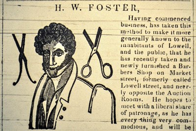 Barbershops, such as this one in Lowell owned by Horatio W. Foster, were often gathering places for Black and white abolitionists.